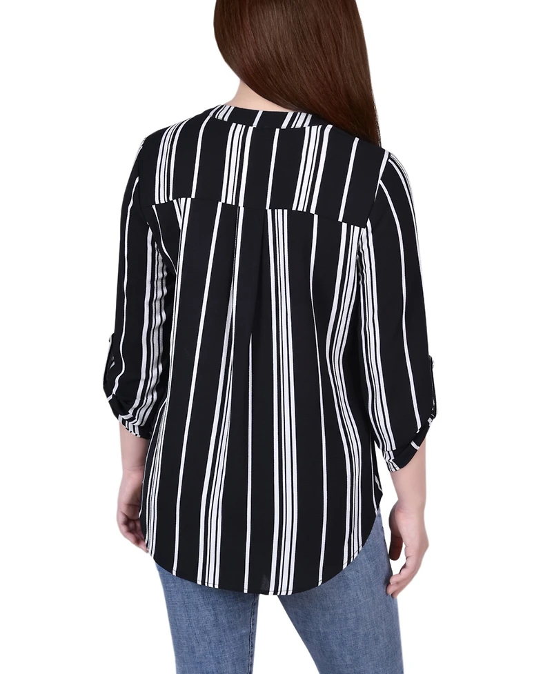 Petite 3/4 Push Tab Mandarin Collar Blouse with Front Pleats