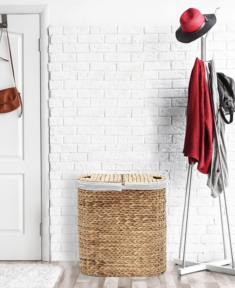 Seville Classics Hand-Woven Natural Wicker Lidded Double Laundry Hamper