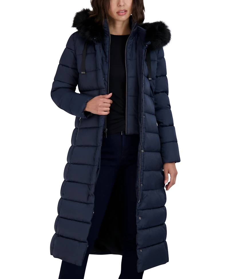 Tahari Womens Maxi Shine Bibbed Faux-Fur-Trimmed Hooded Puffer Coat