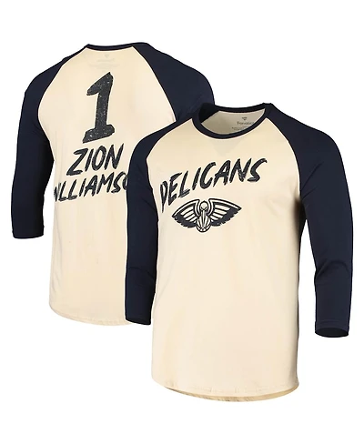 Men's Fanatics Zion Williamson Cream, Navy New Orleans Pelicans Raglan 3, 4 Sleeve T-shirt