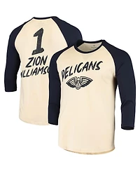 Men's Fanatics Zion Williamson Cream, Navy New Orleans Pelicans Raglan 3, 4 Sleeve T-shirt