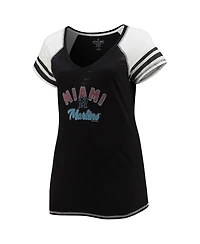 Women's Soft as a Grape Black Miami Marlins Curvy Colorblock Tri-Blend Raglan V-Neck T-shirt