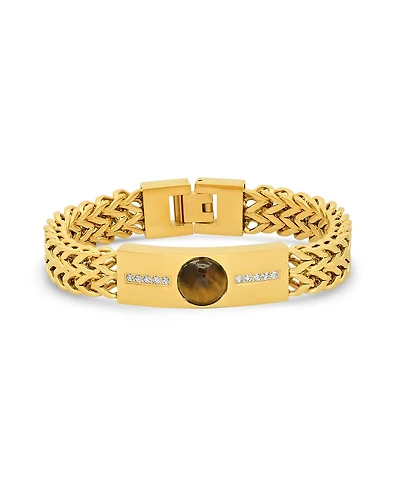 Steeltime Tiger Eye and Simulated Diamonds Double Wheat Link Bracelet