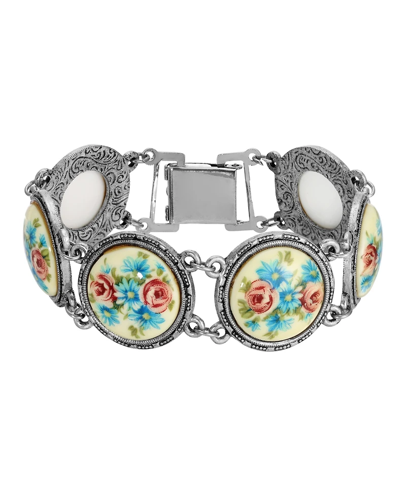2028 Silver-Tone Blue Pink Rose Round Stone Link Bracelet