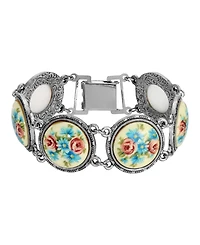 2028 Silver-Tone Blue Pink Rose Round Stone Link Bracelet
