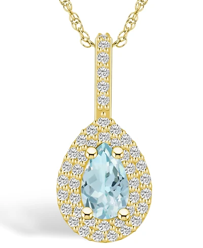 Macy's Aquamarine (3/4 Ct. T.w.) and Diamond (3/8 Ct. T.w.) Halo Pendant Necklace in 14K Yellow Gold