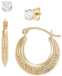2-Pc. Set Cubic Zirconia Stud & Textured Greek Key Hoop Earrings in 10k Gold
