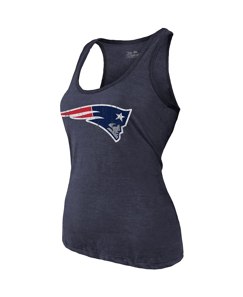 Women's Majestic Threads Mac Jones Navy New England Patriots Player Name and Number Tri-Blend Tank Top