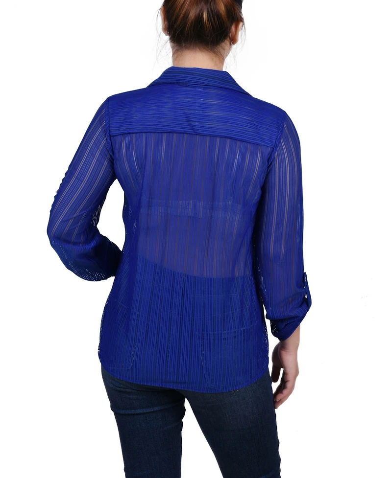 Ny Collection Petite Long Roll Tab Sleeve Burnout Knit Top