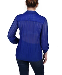 Ny Collection Petite Long Roll Tab Sleeve Burnout Knit Top