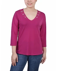 Ny Collection Petite 3/4 Sleeve Top with Illusion Neckline and Stones