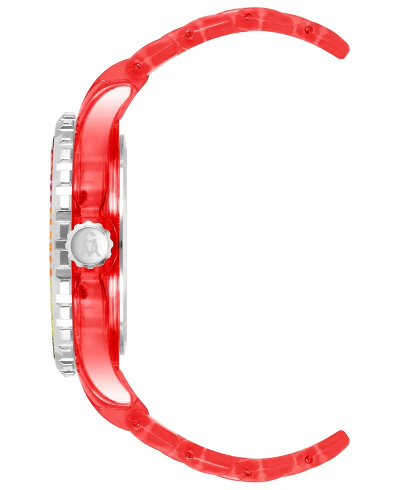 Steve Madden Women's Analog Transparent Red Plastic with Rainbow Crystal Bracelet Watch, 40mm