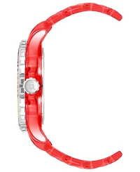 Steve Madden Women's Analog Transparent Red Plastic with Rainbow Crystal Bracelet Watch, 40mm