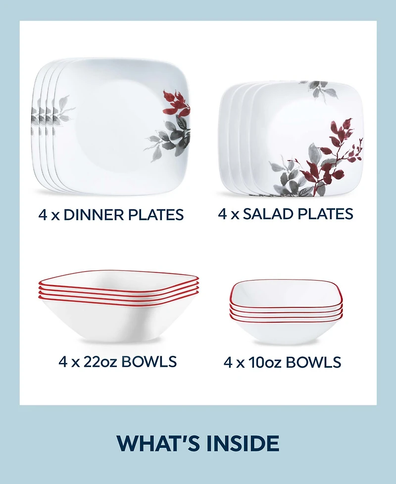 Corelle Square Kyoto Leaves 16 Pc. Dinnerware Set, Service for 4