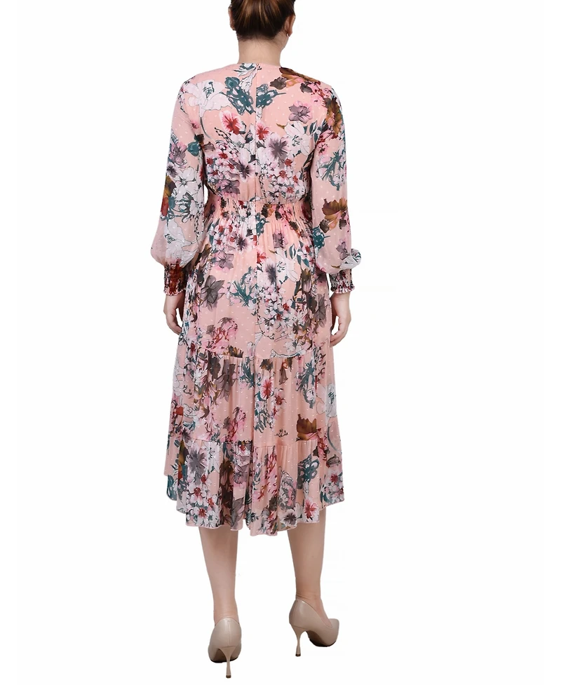 Women's Long Sleeve Clip Dot Chiffon Dress with Smocked Waist and Cuffs