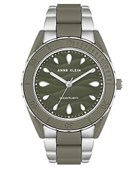 Anne Klein Women's Three-Hand Quartz Silver-Tone and Olive Green Solar Oceanwork Plastic Bracelet Watch, 38.5mm