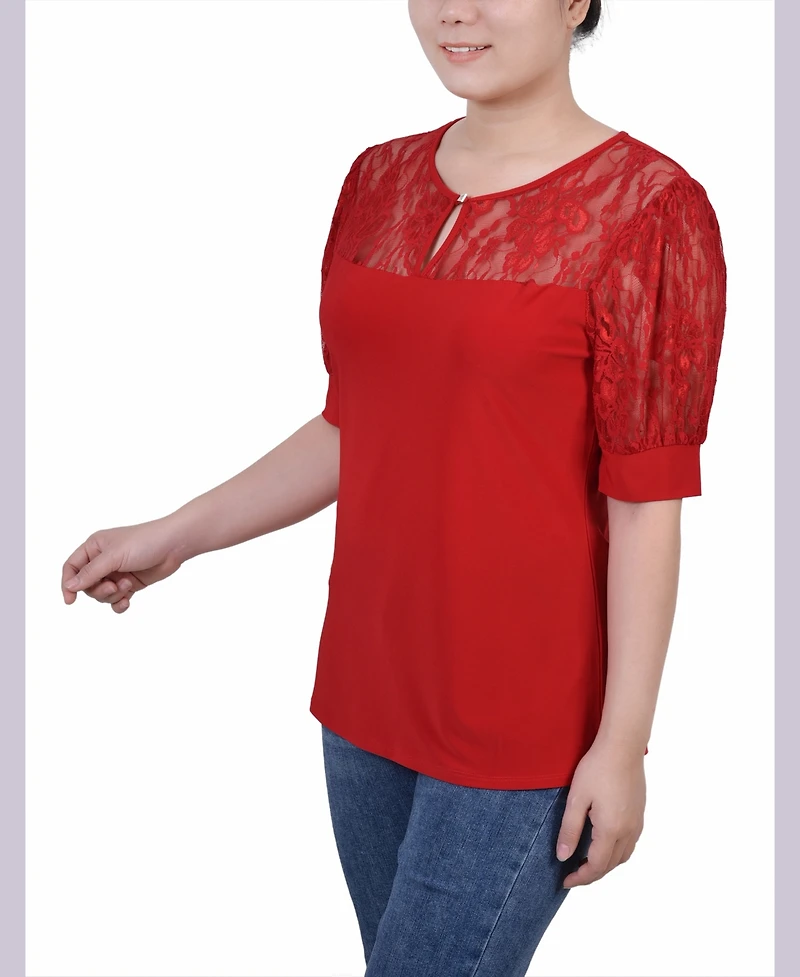 Ny Collection Petite Puff Sleeve Lace Top