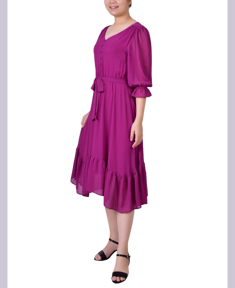 Ny Collection Petite 3/4 Sleeve V-neck Flounced Dress