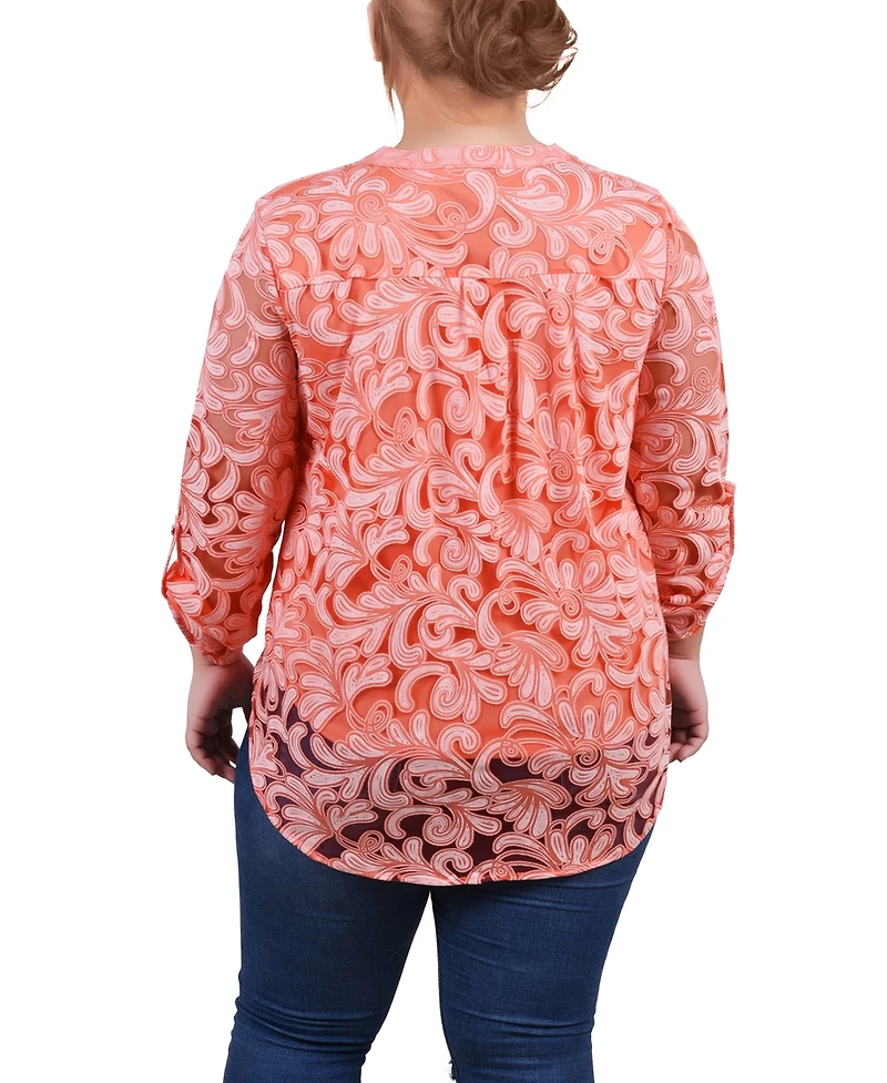 Ny Collection Plus Long Sleeve Burnout Y-Neck Blouse