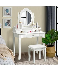 Costway White Vanity Wood Makeup Dressing Table Stool 3 Drawer