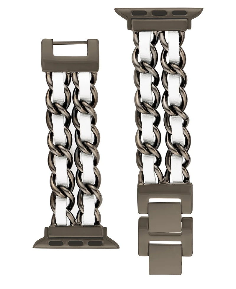 Steve Madden Women's White Faux Leather and Black Double Chain Alloy Metal Bracelet designed for Apple Watch 42mm (Series 10) & 38/40/41mm