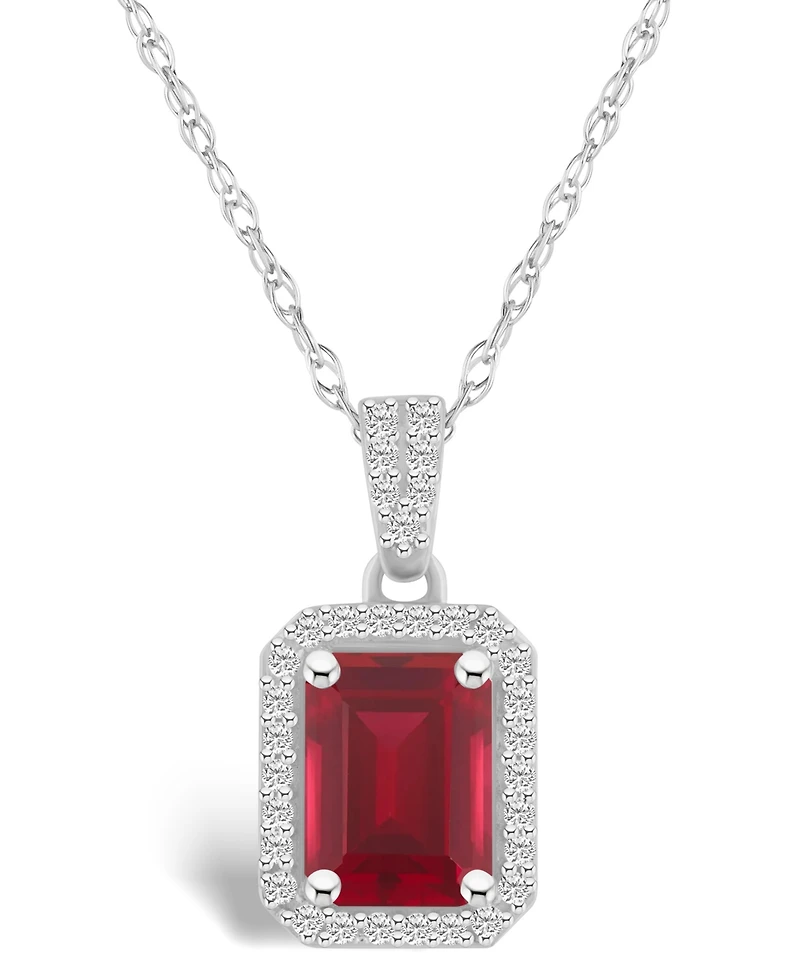 Lab Grown Ruby (2 ct. t.w.) and Lab Grown Sapphire (1/5 ct. t.w.) Halo Pendant Necklace in 10K White Gold