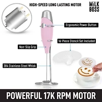 Milk Boss Portable Coffee Frother Handheld Whisk Mixer with 16-Piece Stencils