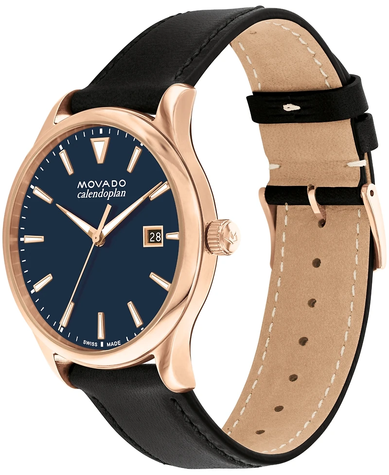 Movado Men's Heritage Calendoplan Swiss Quartz Black Genuine Leather Strap Watch 40mm