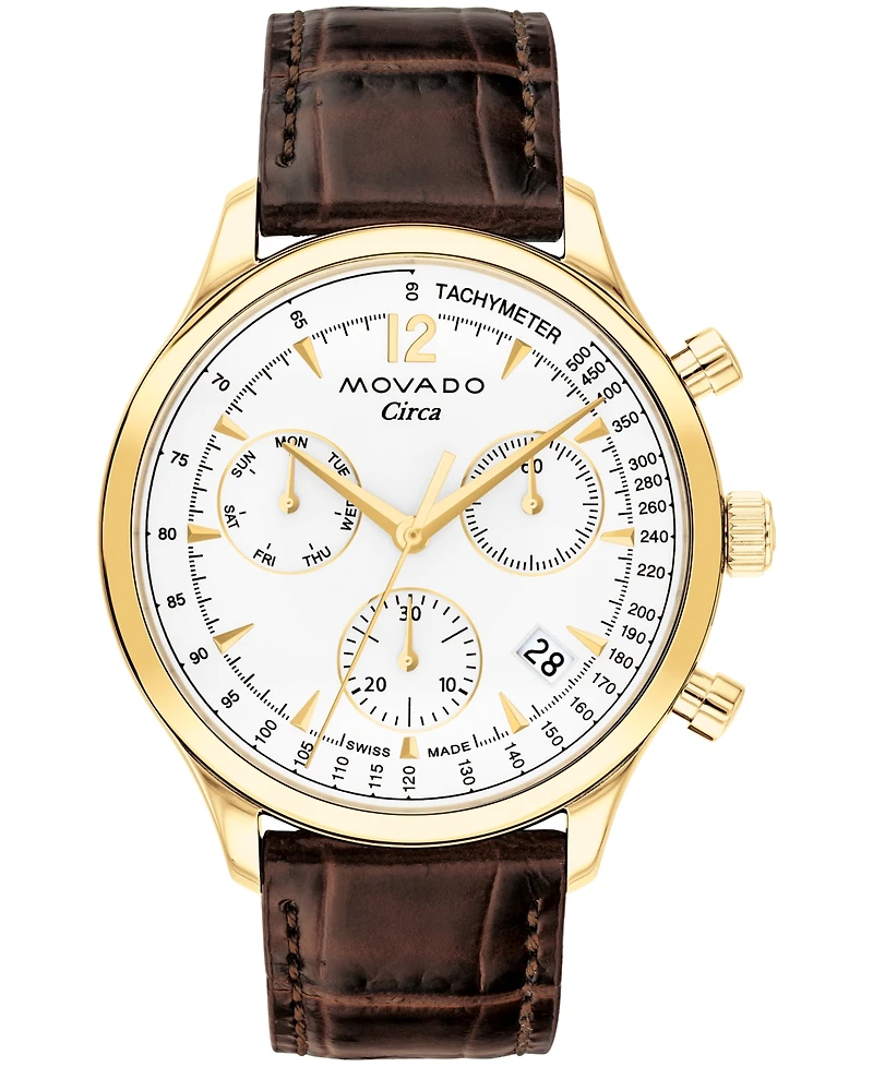 Movado Men's Heritage Circa Swiss Quartz Chronograph Brown Genuine Leather Strap Watch 43mm