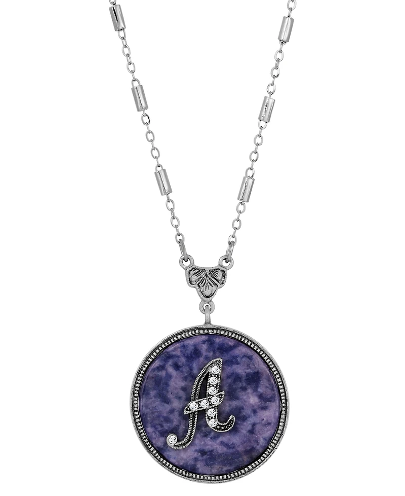 2028 Blue Round Pewter Initial Pendant Necklace