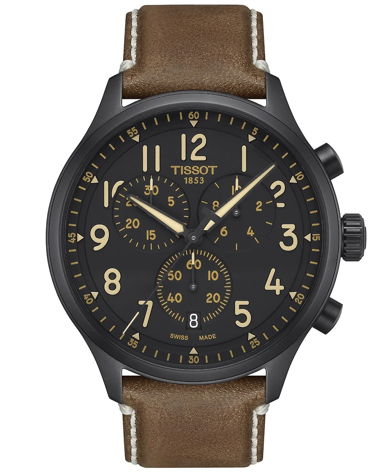 Tissot Men's Swiss Chronograph Xl Beige Leather Strap Watch 45mm
