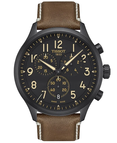 Tissot Men's Swiss Chronograph Xl Beige Leather Strap Watch 45mm