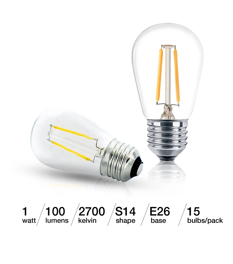 Brightech 15 Pack Bulbs - S14 Bulb, E26 Base, 1 Watt, 2700K Soft White Hue
