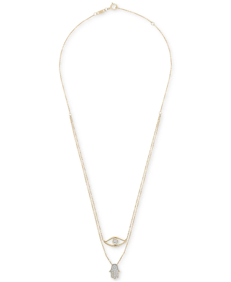 Wrapped Diamond Evil Eye & Hamsa Hand Layered Pendant Necklace (1/6 ct. t.w.) in 10k Gold, 17" + 1" extender, Created for Macy's