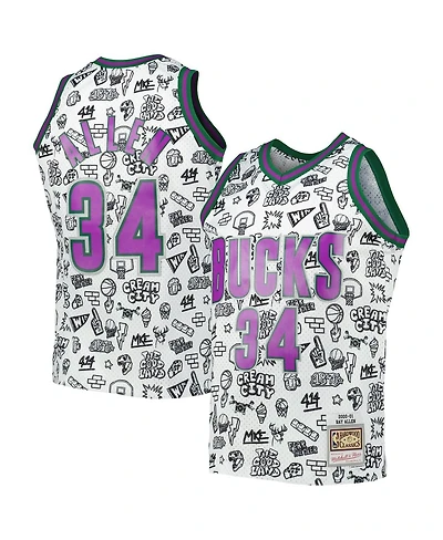 Men's Mitchell & Ness Ray Allen White Milwaukee Bucks 2000-01 Hardwood Classics Doodle Swingman Jersey