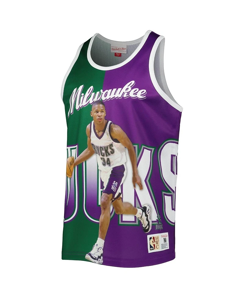 Men's Mitchell & Ness Ray Allen Hunter Green and Purple Milwaukee Bucks Sublimated Player Tank Top