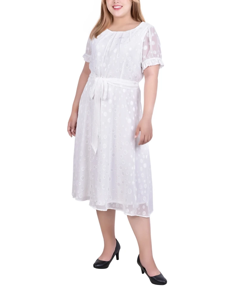 Ny Collection Plus Short Sleeve Belted Swiss Dot Dress