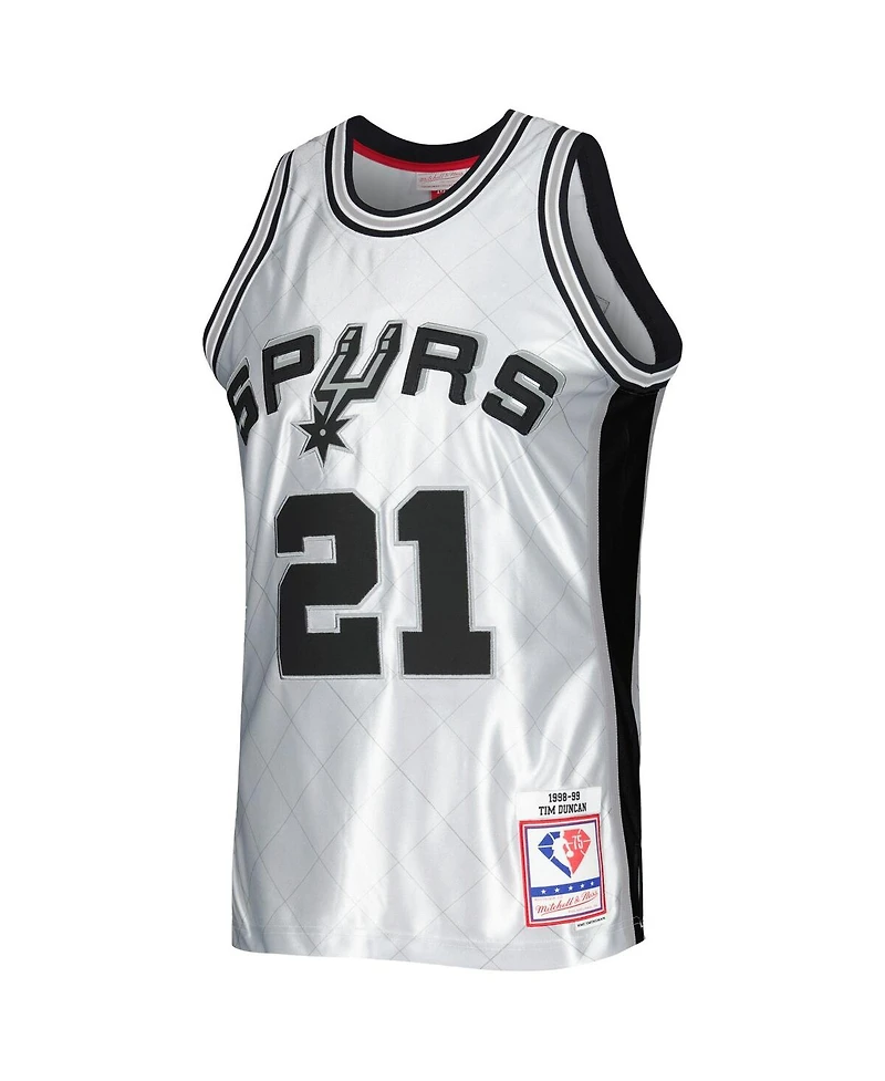 Men's Mitchell & Ness Tim Duncan Platinum San Antonio Spurs 1998-99 Hardwood Classics 75th Anniversary Swingman Jersey
