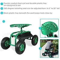 Rolling Garden Cart Scooter with Wheels and Tool Tray - 360-Degree Swivel Seat - Green