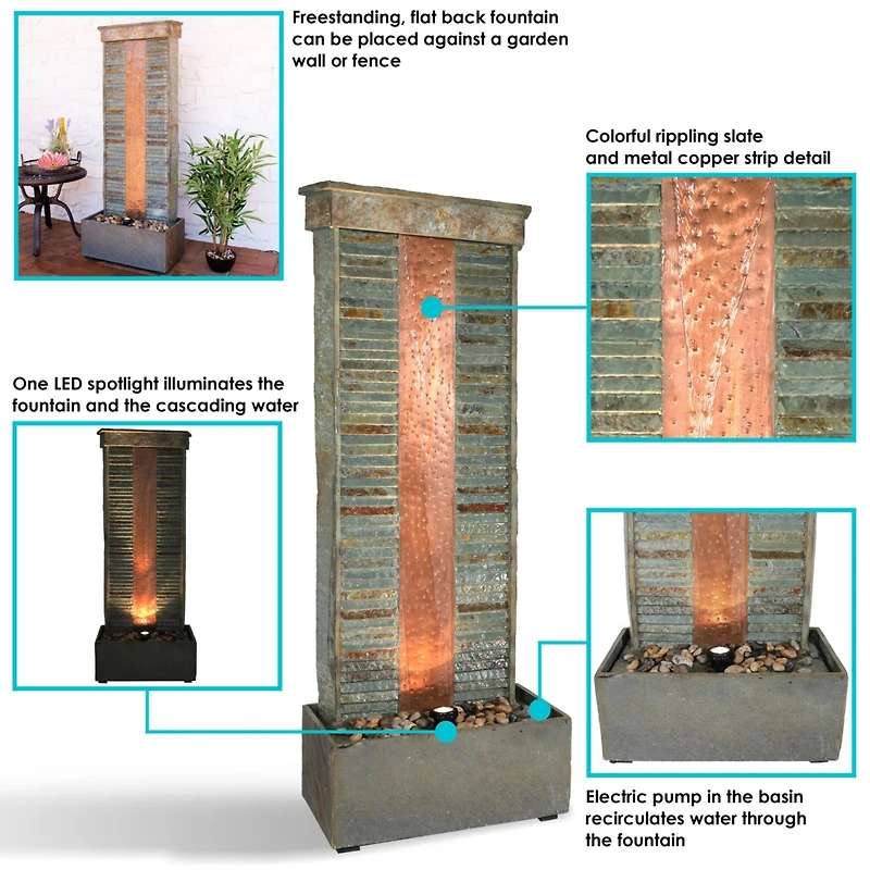 48"H Electric Natural Slate with Copper Accents Rippled Column Outdoor Water Fountain with Led Spotlight