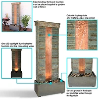 48"H Electric Natural Slate with Copper Accents Rippled Column Outdoor Water Fountain with Led Spotlight