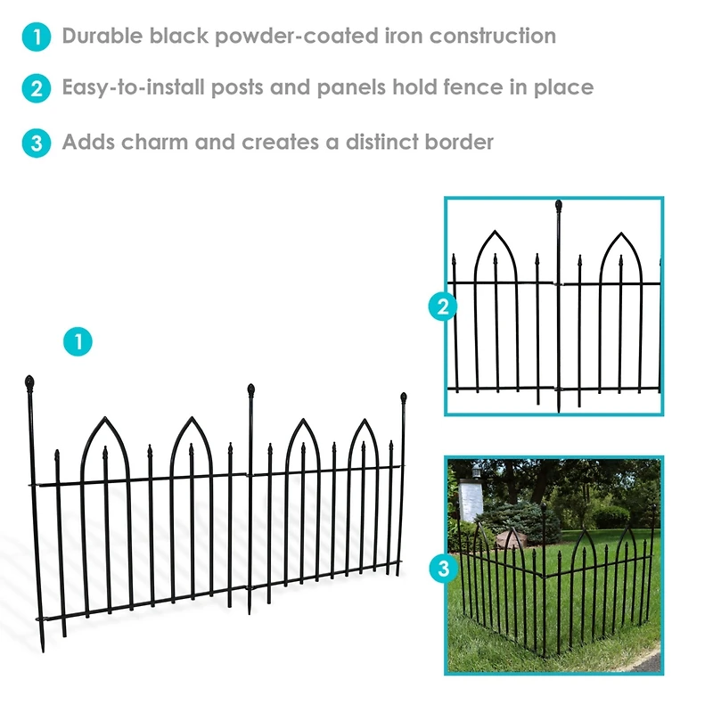 Gothic Arch 6' Set of 2 Decorative Garden Fence Panels - Iron Border Fence - 37" W x 31" H Per Panel - Black
