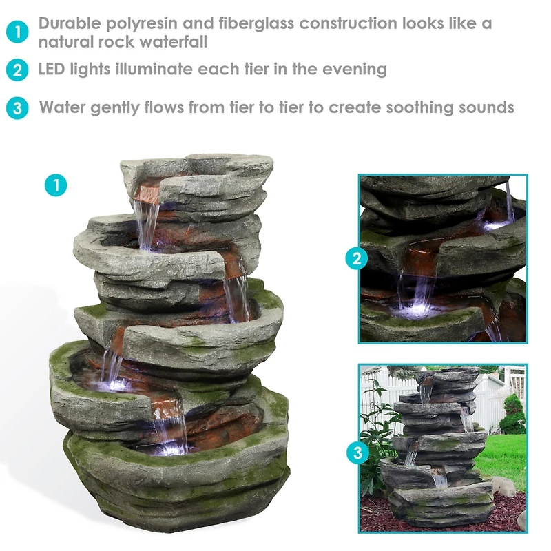 Sunnydaze Decor Cobblestone Rock 31-Inch Polyresin Waterfall Fountain with Led Lights - Electric Submersible