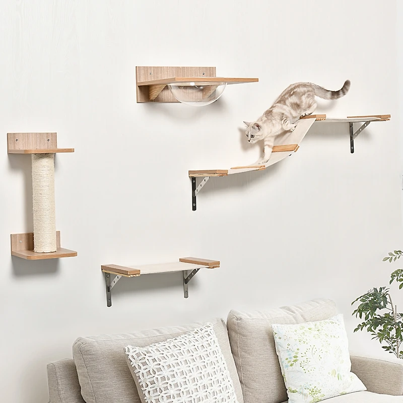 PawHut Cat Tree 4pc Mounted Shelf Set Bowl Climbing Hammock Shelves Beige