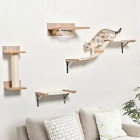 PawHut Cat Tree 4pc Mounted Shelf Set Bowl Climbing Hammock Shelves Beige