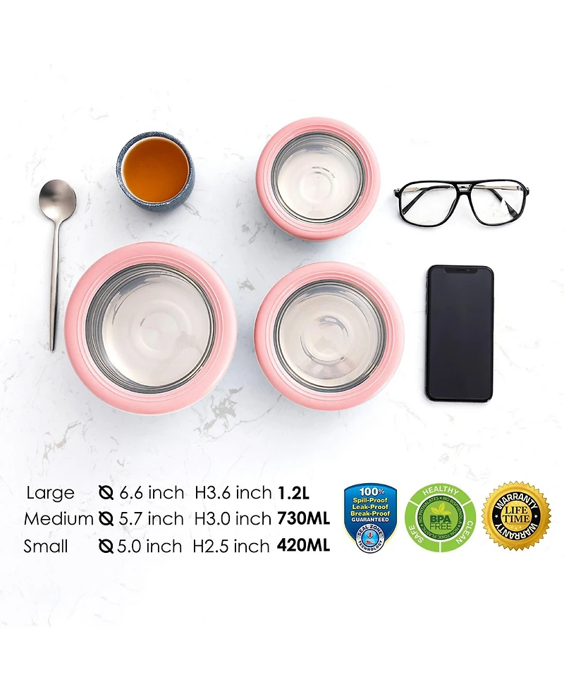 Lille Home Stainless Steel Food Containers, Set of 3, 420ML, 730ML,1.2L, Pink
