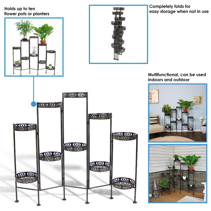 Indoor/Outdoor Steel 10-Tiered Folding Succulent Flower Plant Display Stand - 52" - Bronze