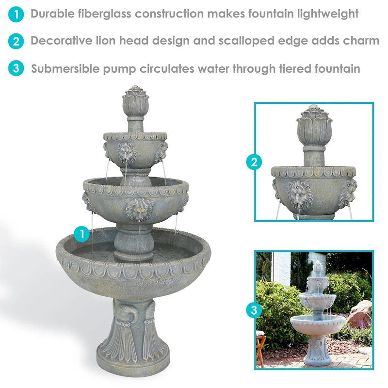 Sunnydaze Decor Lion Head 53-Inch 4-Tier Fiberglass Water Fountain - Electric Submersible Pump
