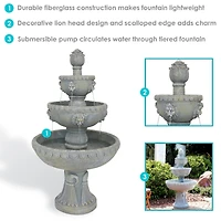Sunnydaze Decor Lion Head 53-Inch 4-Tier Fiberglass Water Fountain - Electric Submersible Pump