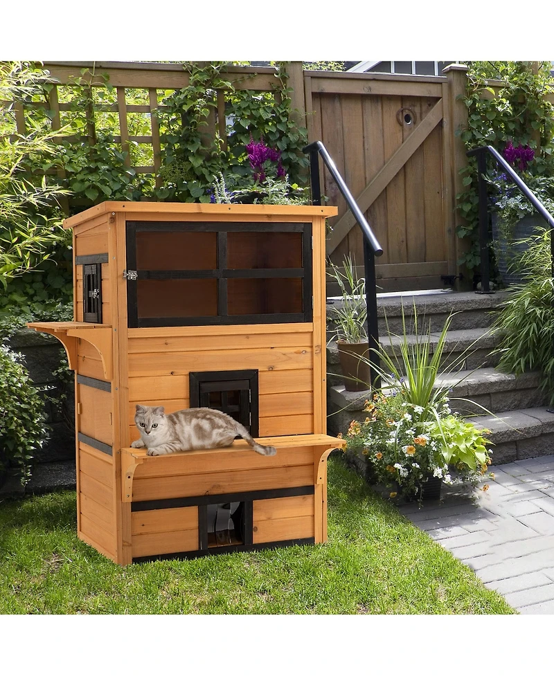Cat House Outdoor 3-Tier Kitty Shelter, Weather Resistant Escape Door